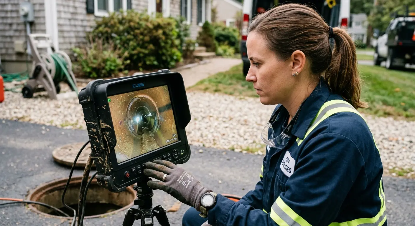 Technician reviewing sewer camera inspection footage in Silver City