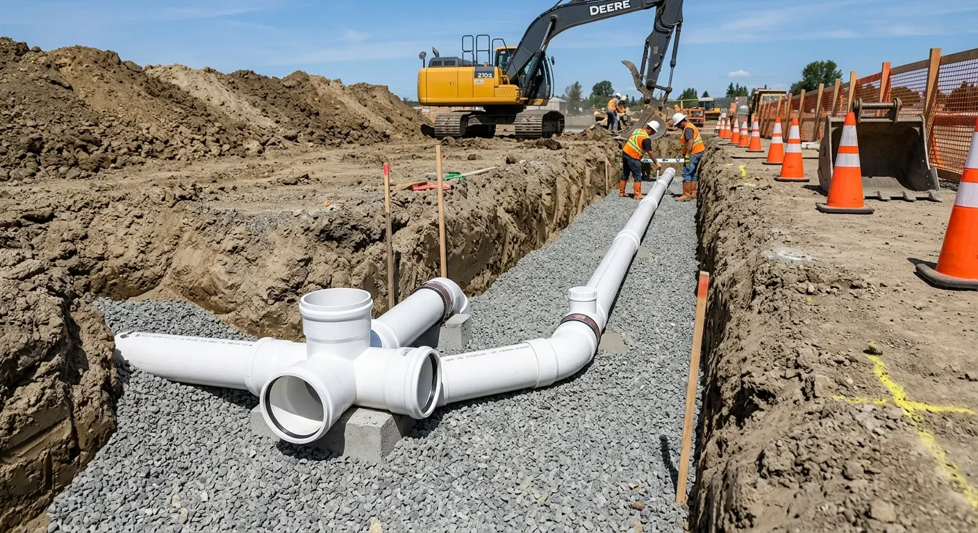 New PVC sewer pipe installation in open trench for Commercial Drain Cleaning in Silver City