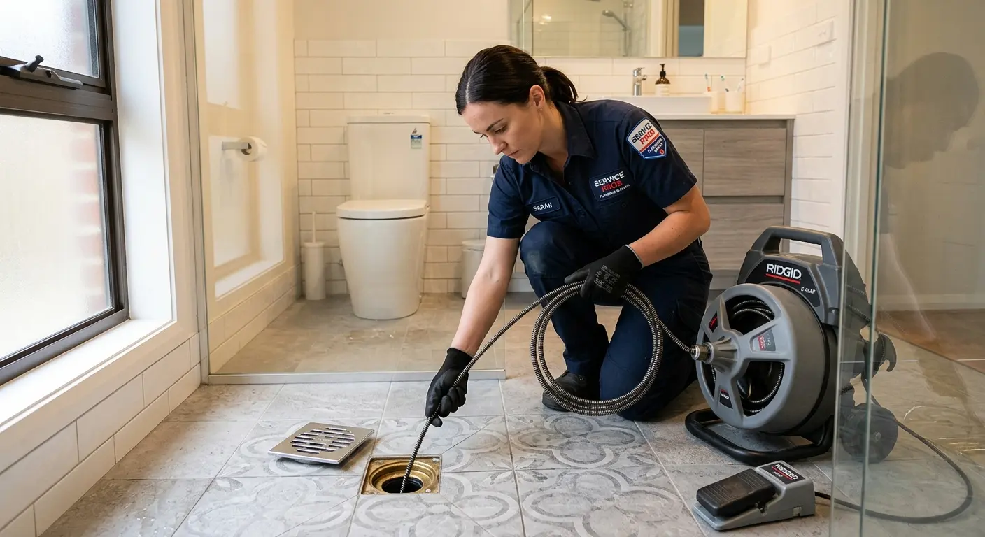 Technician clearing a bathroom floor drain for Hydro Jetting in Silver City